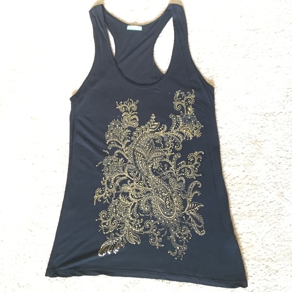 Black Tank Top Gold Ornate Graphic Boho Festival Racerback L